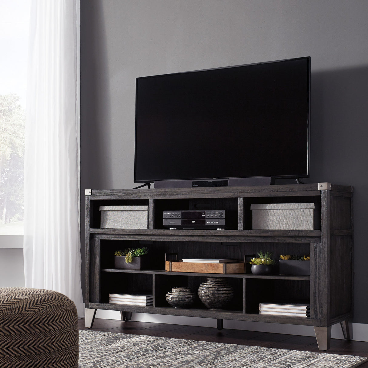 Meuble de télévision en bois et placage gris foncé avec rangement - Todoe