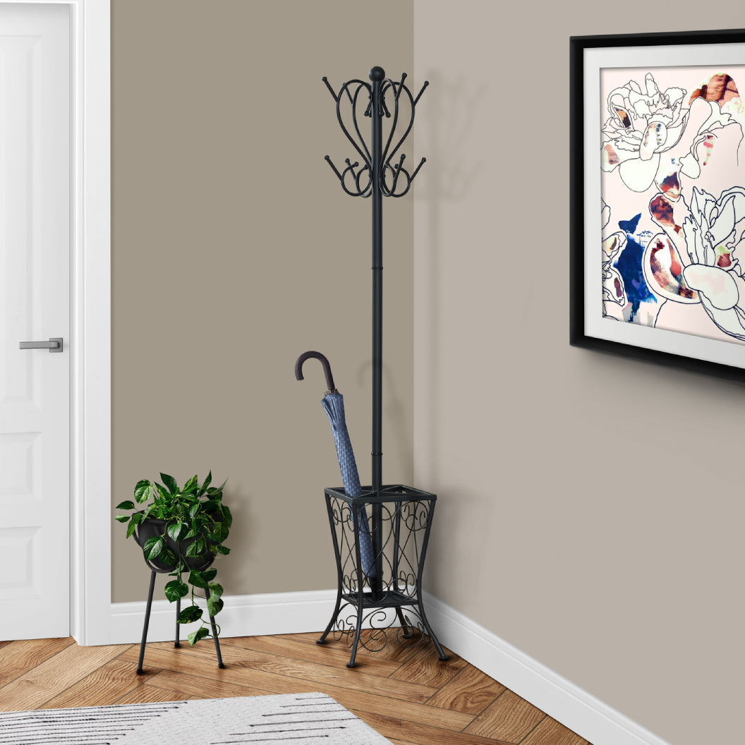 Porte-manteau en métal noir avec 8 crochets et soutien à parapluie - I 2060