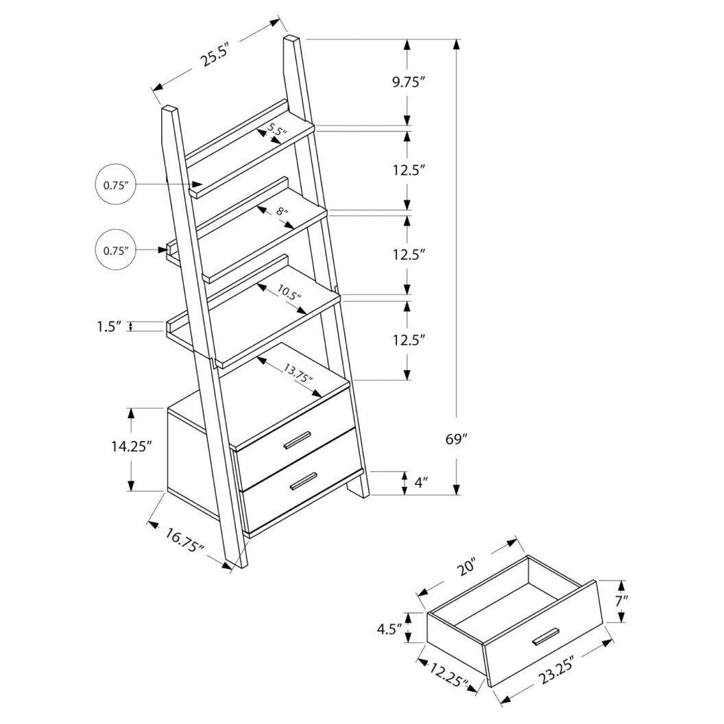 Étagère à échelle en MDF/stratifié avec 4 tablettes et 2 tiroirs - I 2562-2756-2542