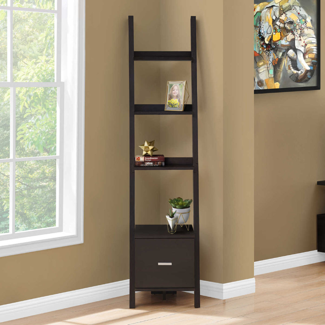 Étagère à échelle de coin en MDF/stratifié espresso avec 3 tablettes et 1 tiroir - I 2765