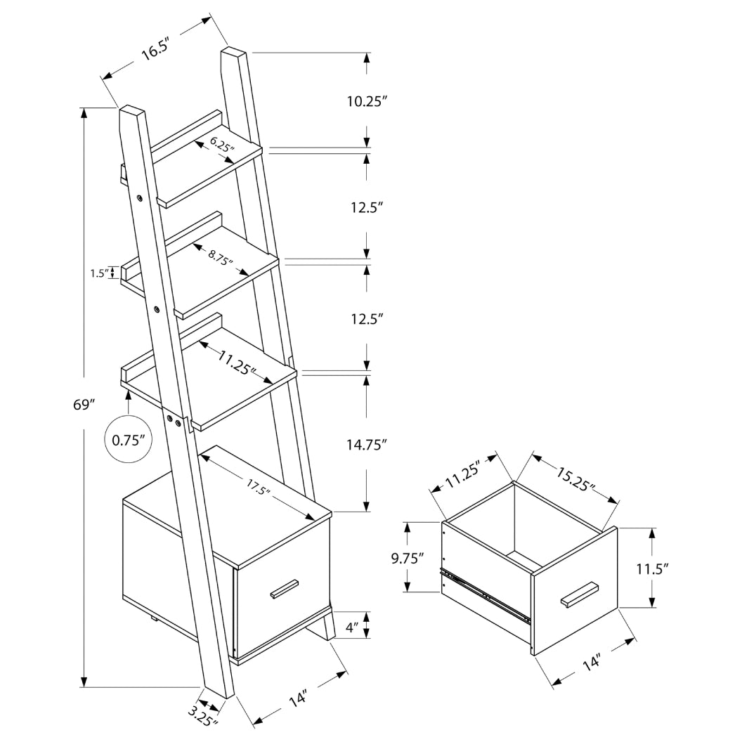 Étagère à échelle de coin en MDF/stratifié espresso avec 3 tablettes et 1 tiroir - I 2765