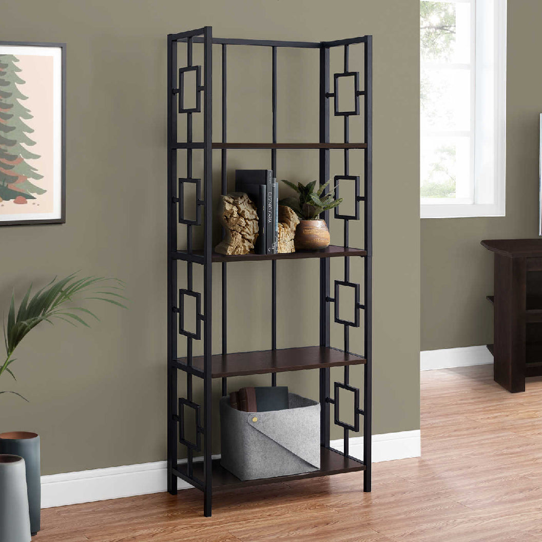 Bibliothèque en métal noir avec 4 tablettes en MDF/stratifié espresso - I 3617