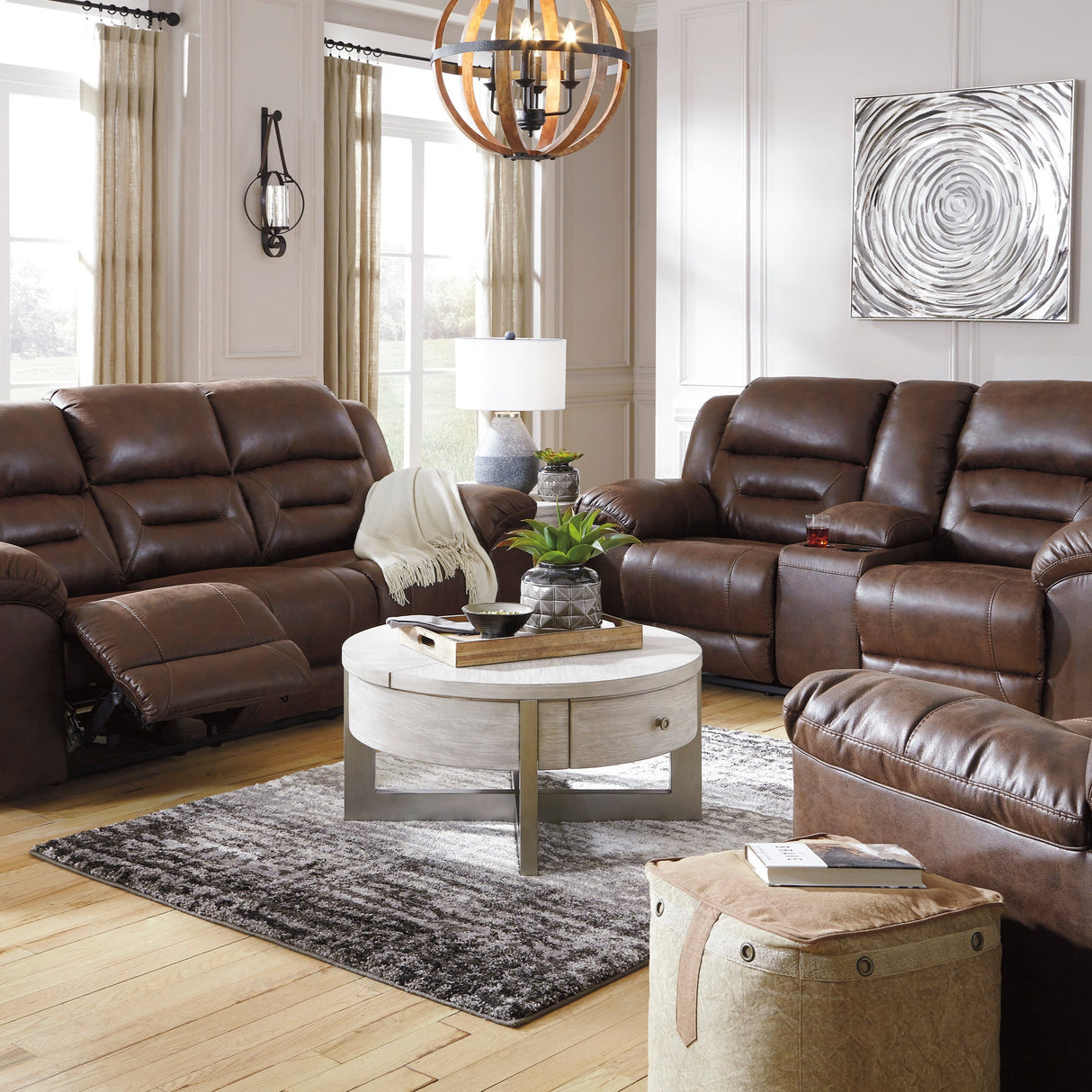 Causeuse aspect cuir brun chocolat motorisée avec console - Stoneland