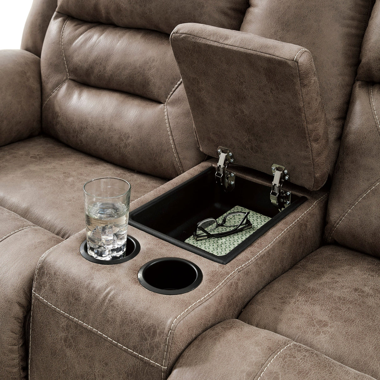 Causeuse aspect cuir brun grisâtre inclinable avec console - Stoneland