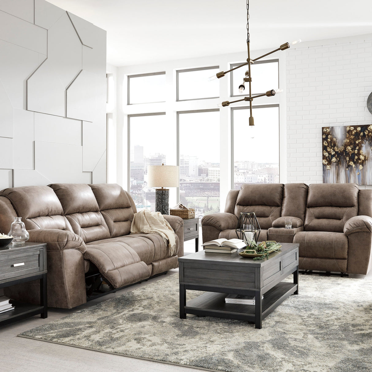 Causeuse aspect cuir brun grisâtre inclinable avec console - Stoneland