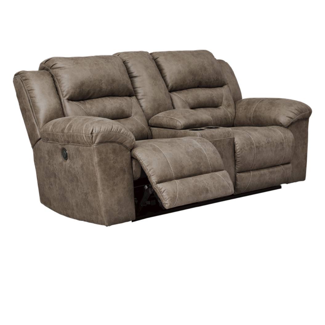 Causeuse aspect cuir brun grisâtre motorisée avec console - Stoneland