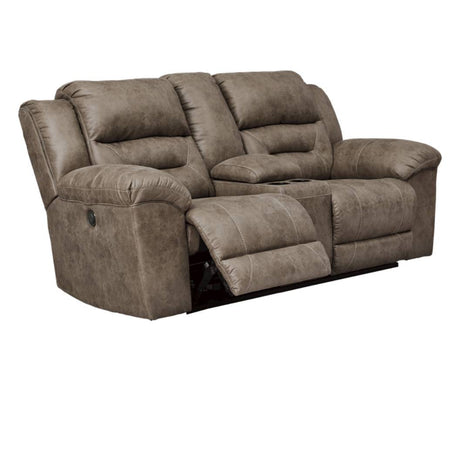 Causeuse aspect cuir brun grisâtre motorisée avec console - Stoneland