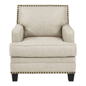 Fauteuil en tissu beige effet lin avec garniture cloutée - Claredon
