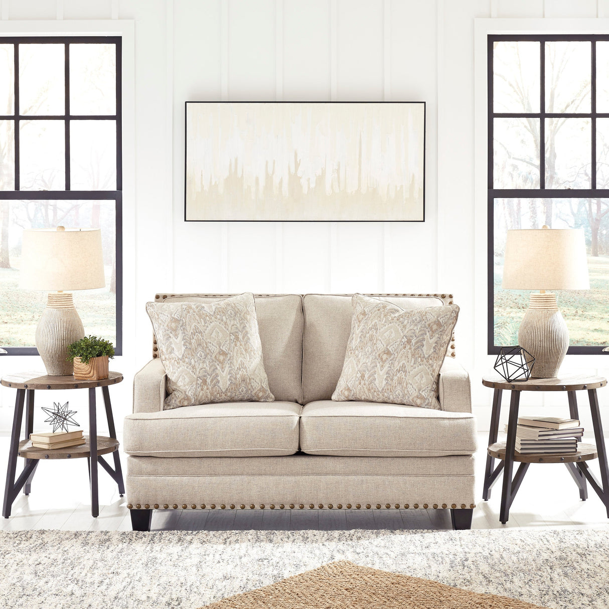 Causeuse en tissu beige effet lin avec coussins - Claredon