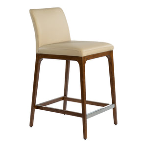 Tabouret de comptoir rembourré en cuir et bois de chêne teinte noyer - Lucia