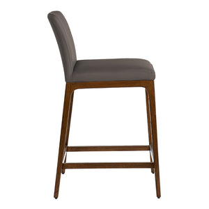 Tabouret de comptoir rembourré en cuir et bois de chêne teinte noyer - Lucia