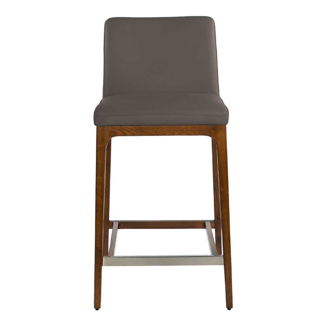 Tabouret de comptoir rembourré en cuir et bois de chêne teinte noyer - Lucia