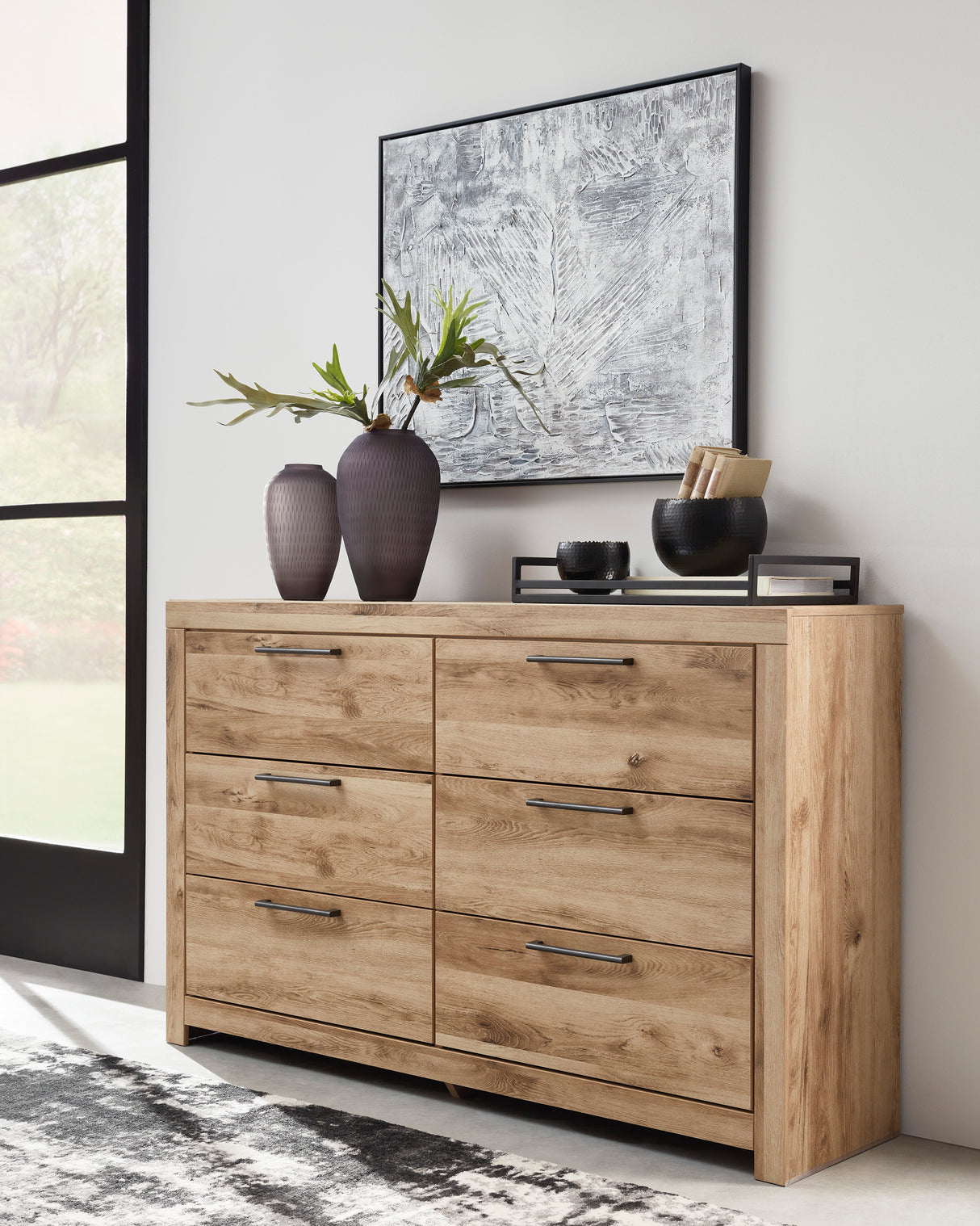 Bureau à 6 tiroirs en bois et placage brun clair - Hyanna