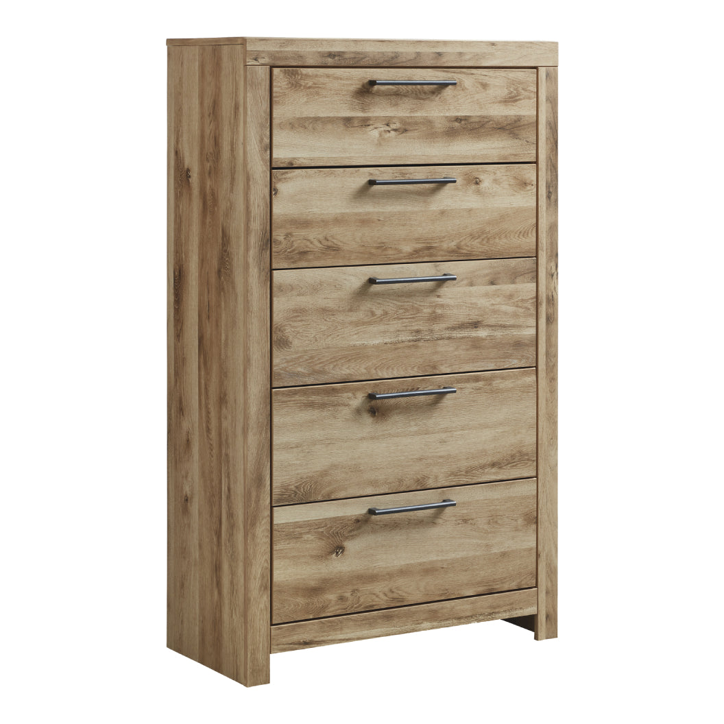 Commode à 5 tiroirs en bois et placage brun clair