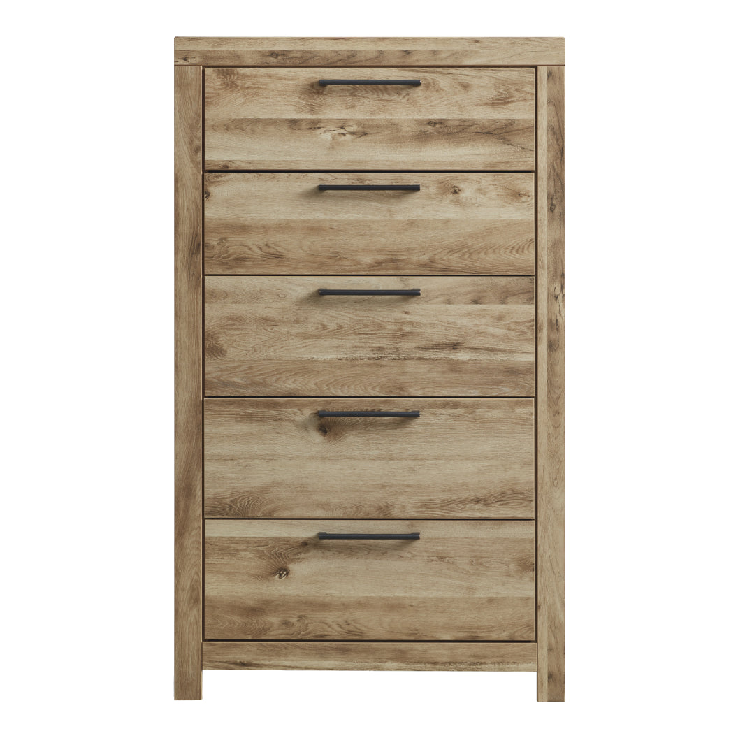 Commode à 5 tiroirs en bois et placage brun clair