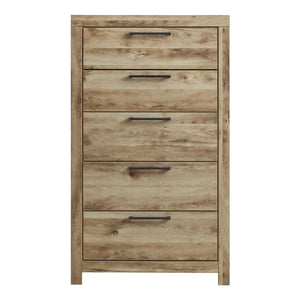Commode à 5 tiroirs en bois et placage brun clair