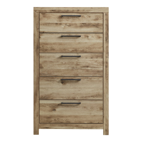 Commode à 5 tiroirs en bois et placage brun clair