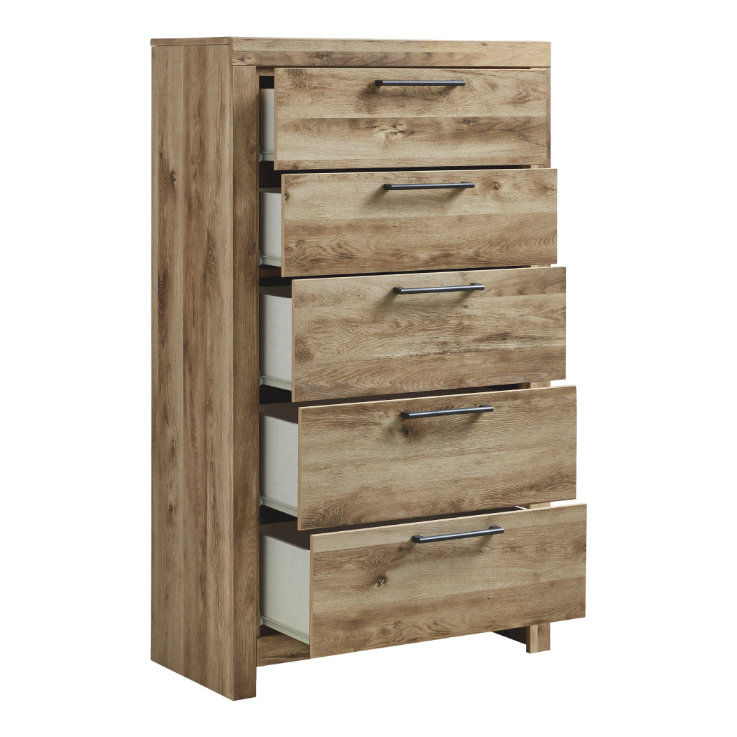 Commode à 5 tiroirs en bois et placage brun clair