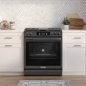 Cuisinière au gaz 30 po, 6,0 pi³ Inox noir avec Convection totale, Air Fry et plaque de cuisson intégrée