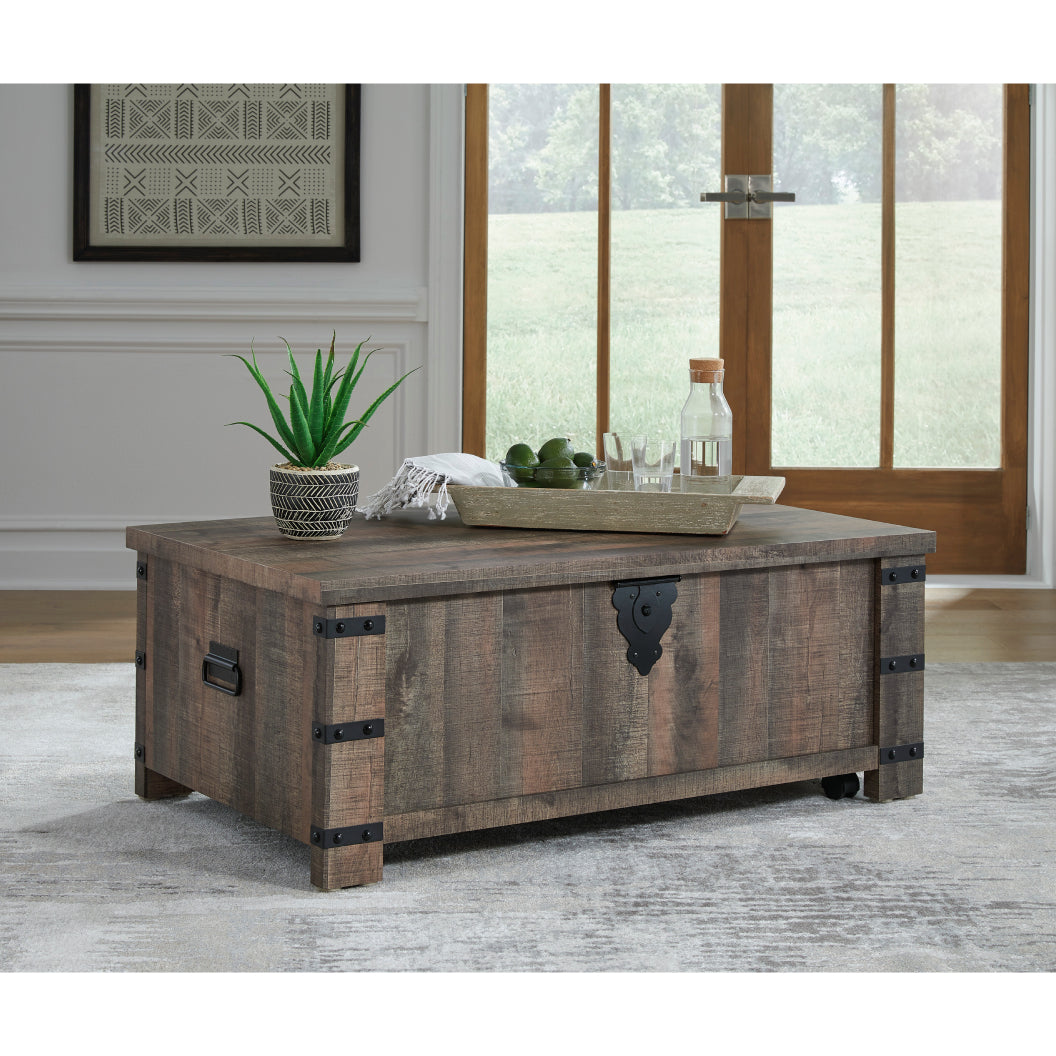 Table basse en bois/MDF brun rustique avec plateau relevable - Hollum