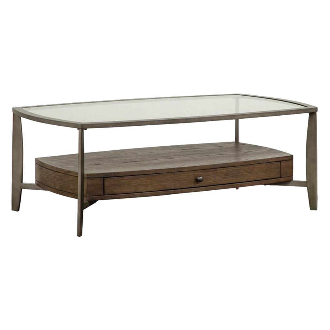 Table basse Ardis en verre, bois et métal gris