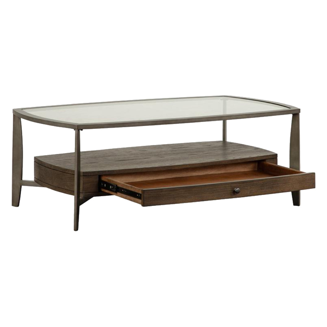 Table basse Ardis en verre, bois et métal gris