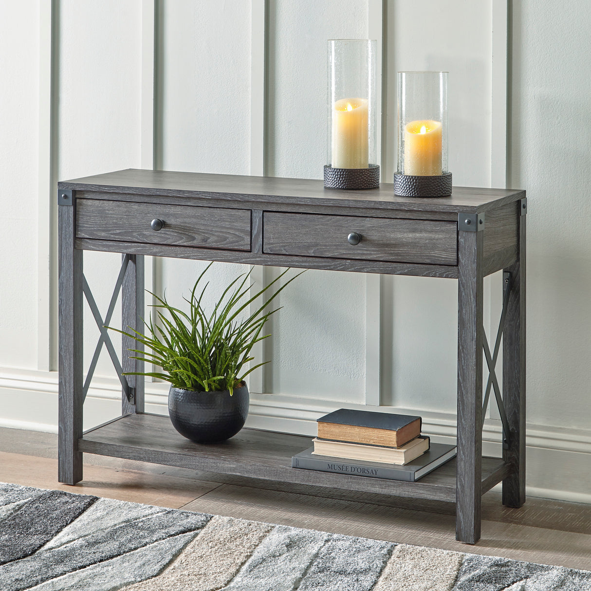 Table console Freedan en bois et métal grisâtre