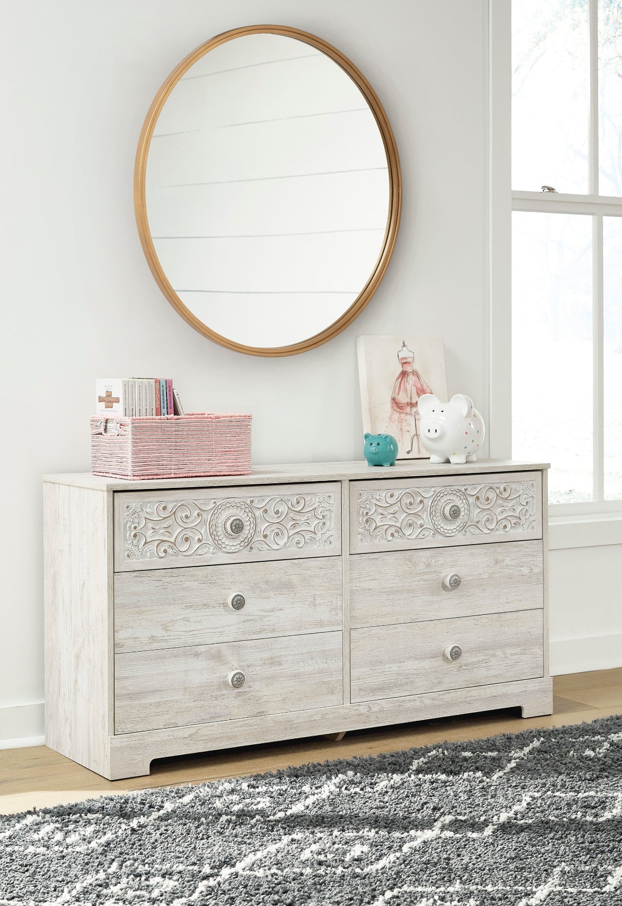 Bureau à 6 tiroirs en bois blanc antique - Paxberry