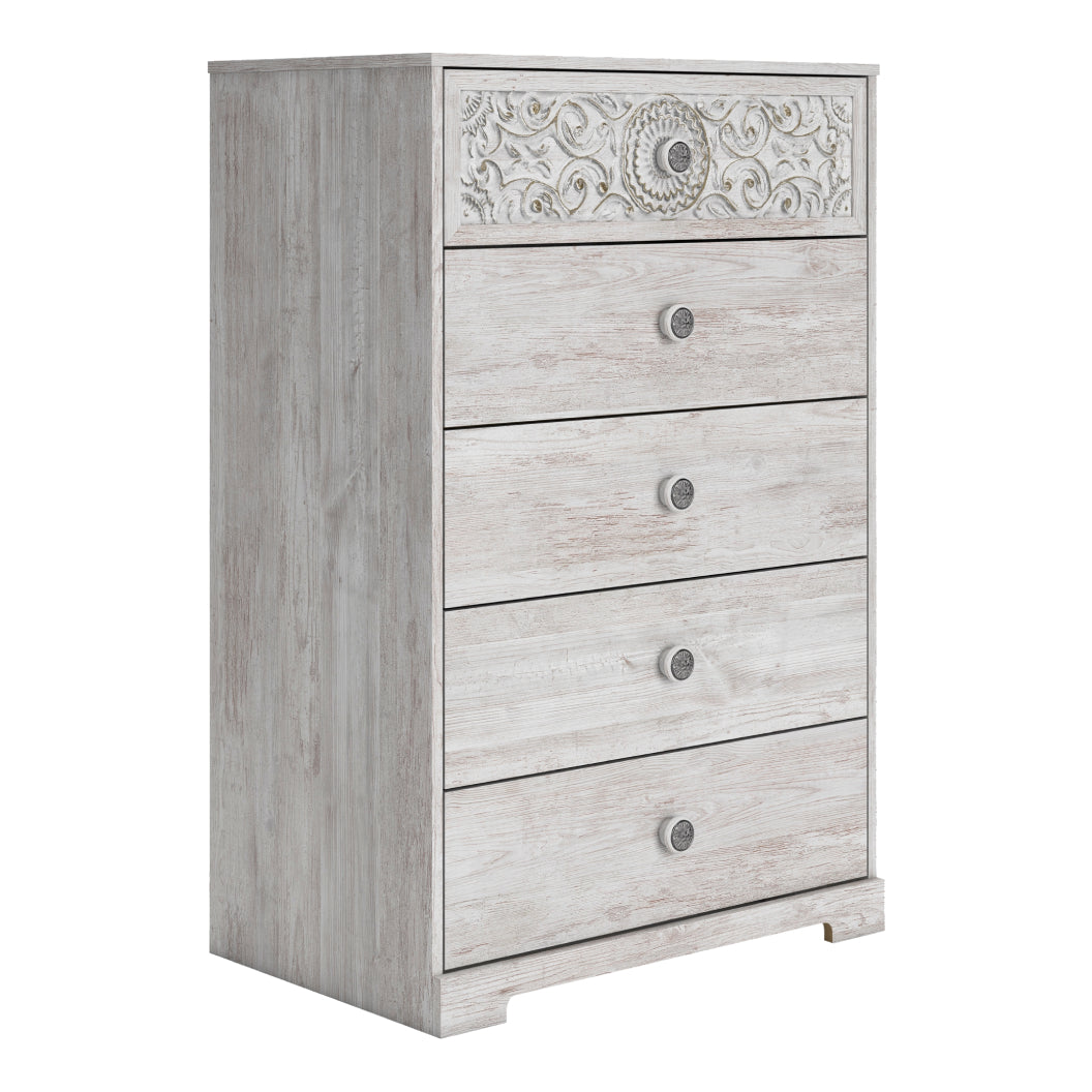 Commode à 5 tiroirs en bois blanc antique