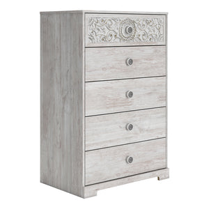 Commode à 5 tiroirs en bois blanc antique