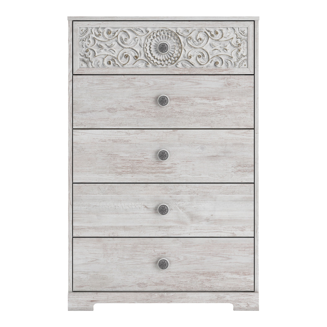 Commode à 5 tiroirs en bois blanc antique