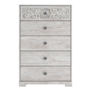 Commode à 5 tiroirs en bois blanc antique