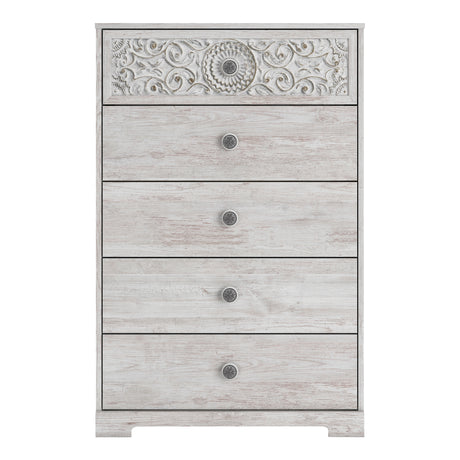 Commode à 5 tiroirs en bois blanc antique