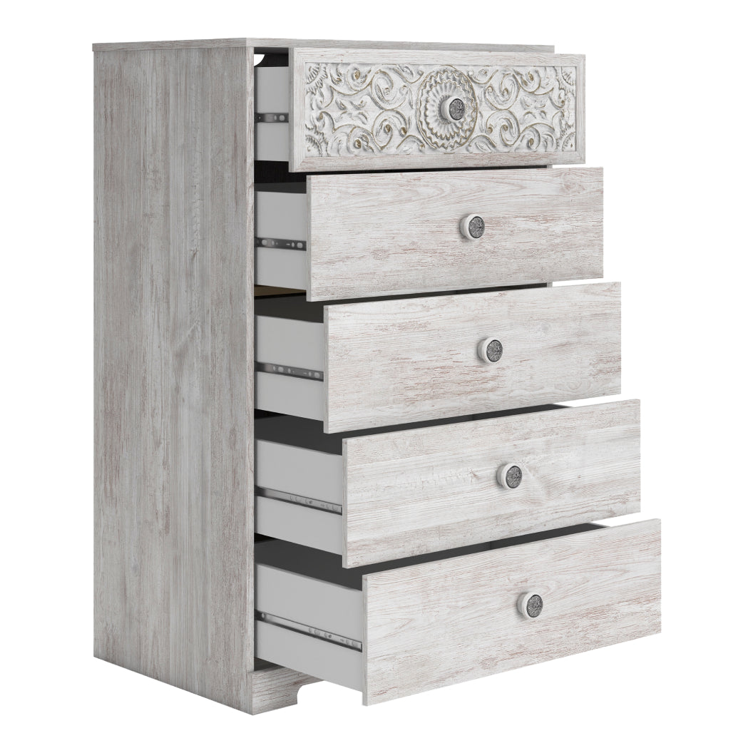 Commode à 5 tiroirs en bois blanc antique