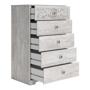 Commode à 5 tiroirs en bois blanc antique