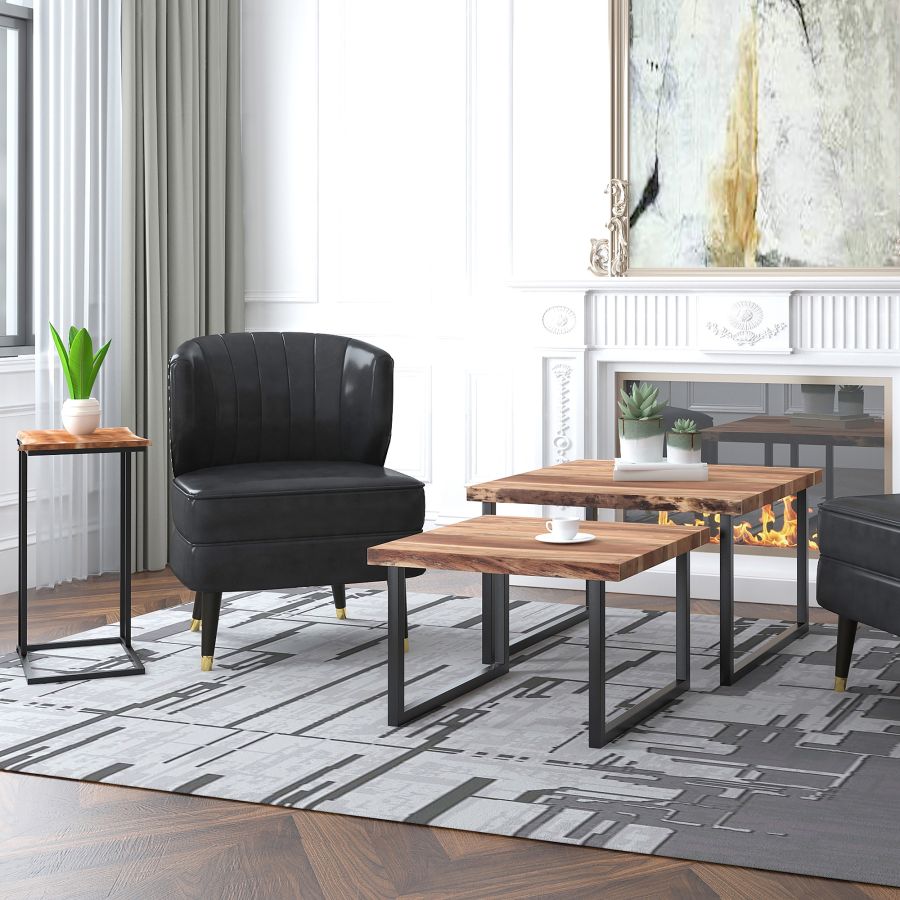 Ensemble de 2 tables basses en bois d'acacia et métal noir - Jivin