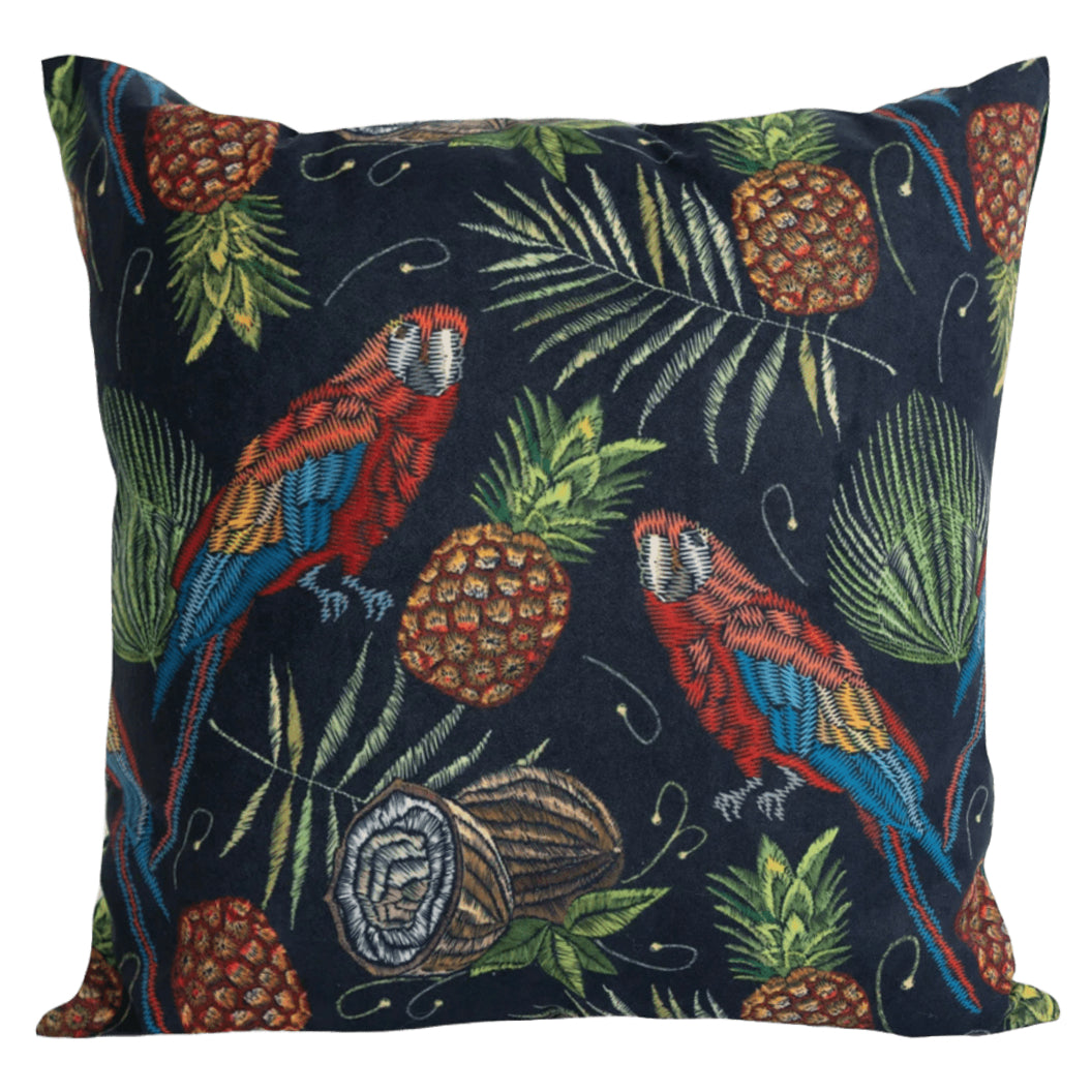 Coussin 18 x 18 po en velours imprimé d'oiseaux tropicaux - Lima
