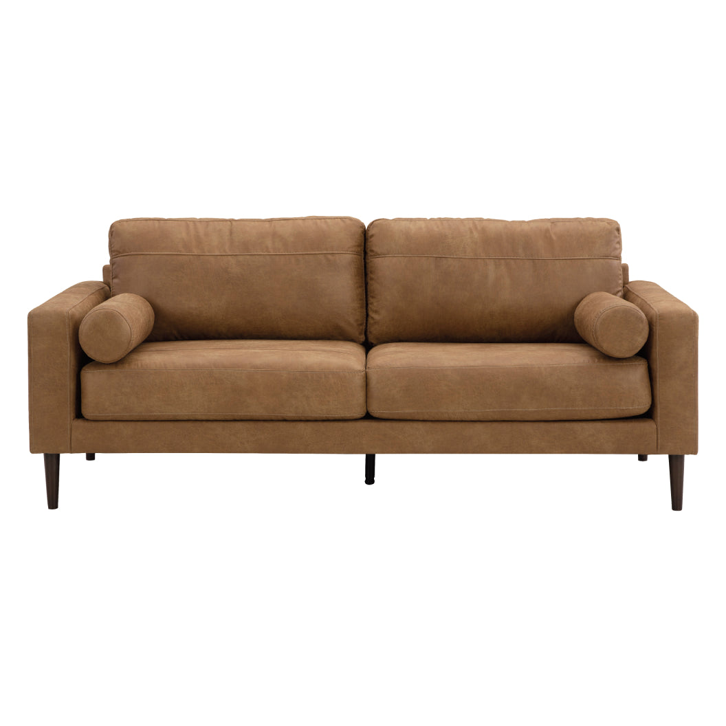 Sofa condo aspect cuir brun caramel avec coussins - Telora
