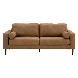 Sofa condo aspect cuir brun caramel avec coussins - Telora