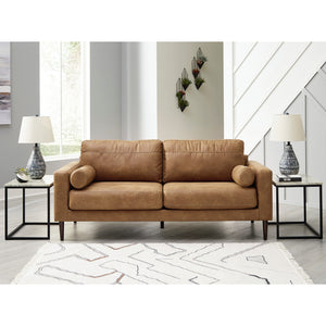 Sofa condo aspect cuir brun caramel avec coussins - Telora