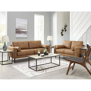 Sofa condo aspect cuir brun caramel avec coussins - Telora