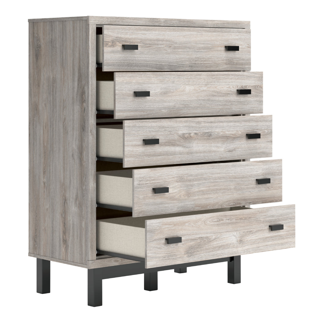 Commode à 5 tiroirs en bois gris et métal noir