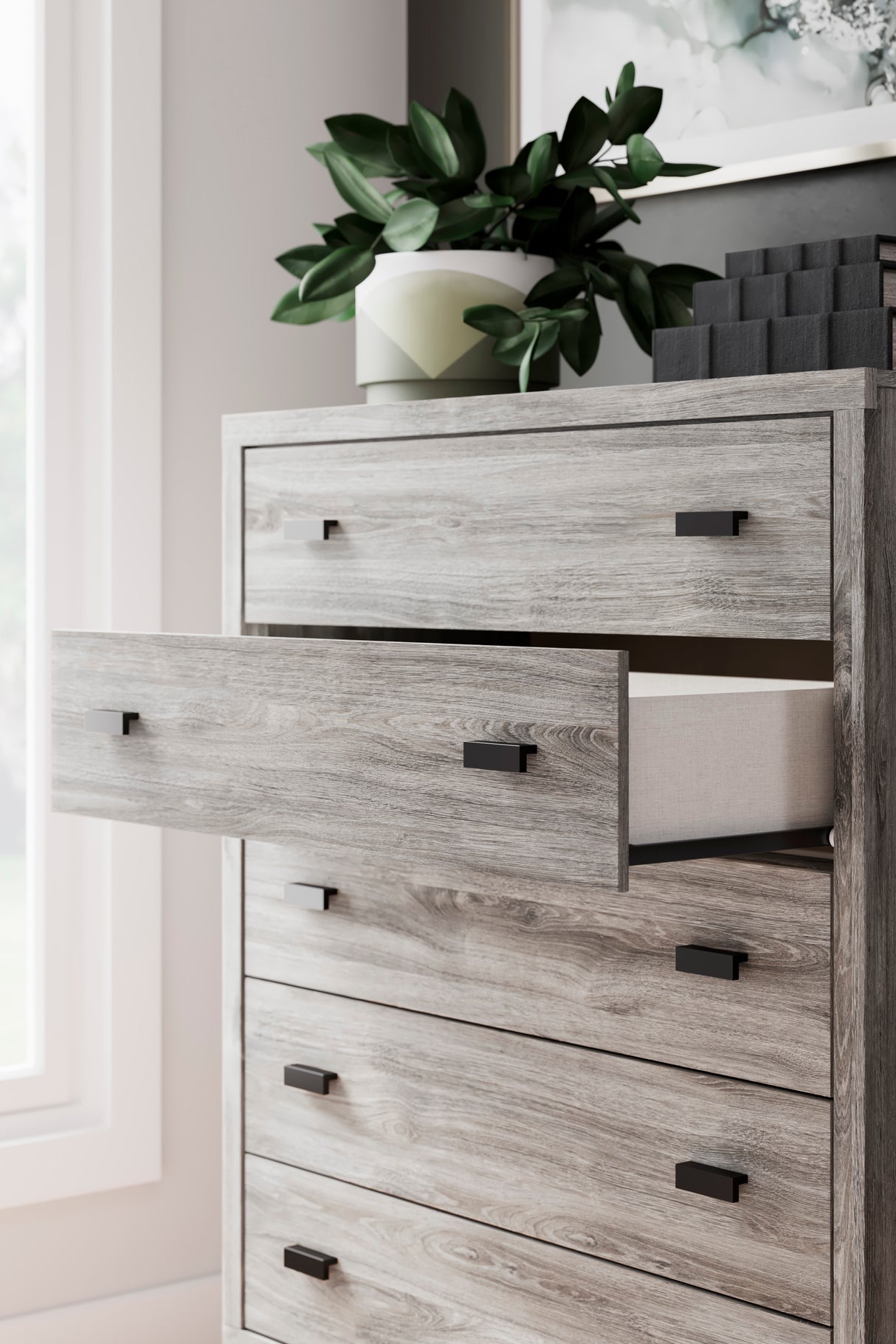 Commode à 5 tiroirs en bois gris et métal noir