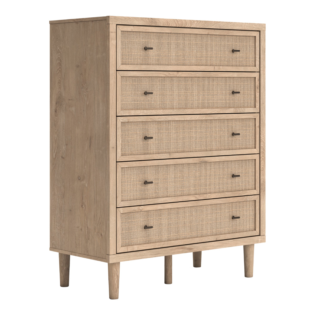 Commode à 5 tiroirs en bois et placage beige