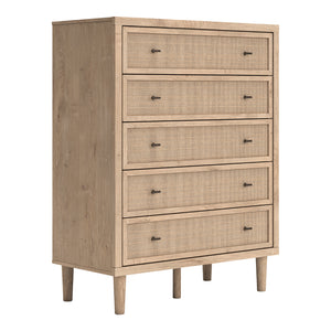 Commode à 5 tiroirs en bois et placage beige