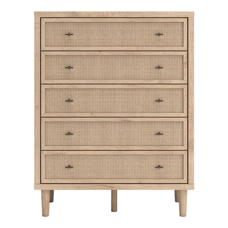 Commode à 5 tiroirs en bois et placage beige