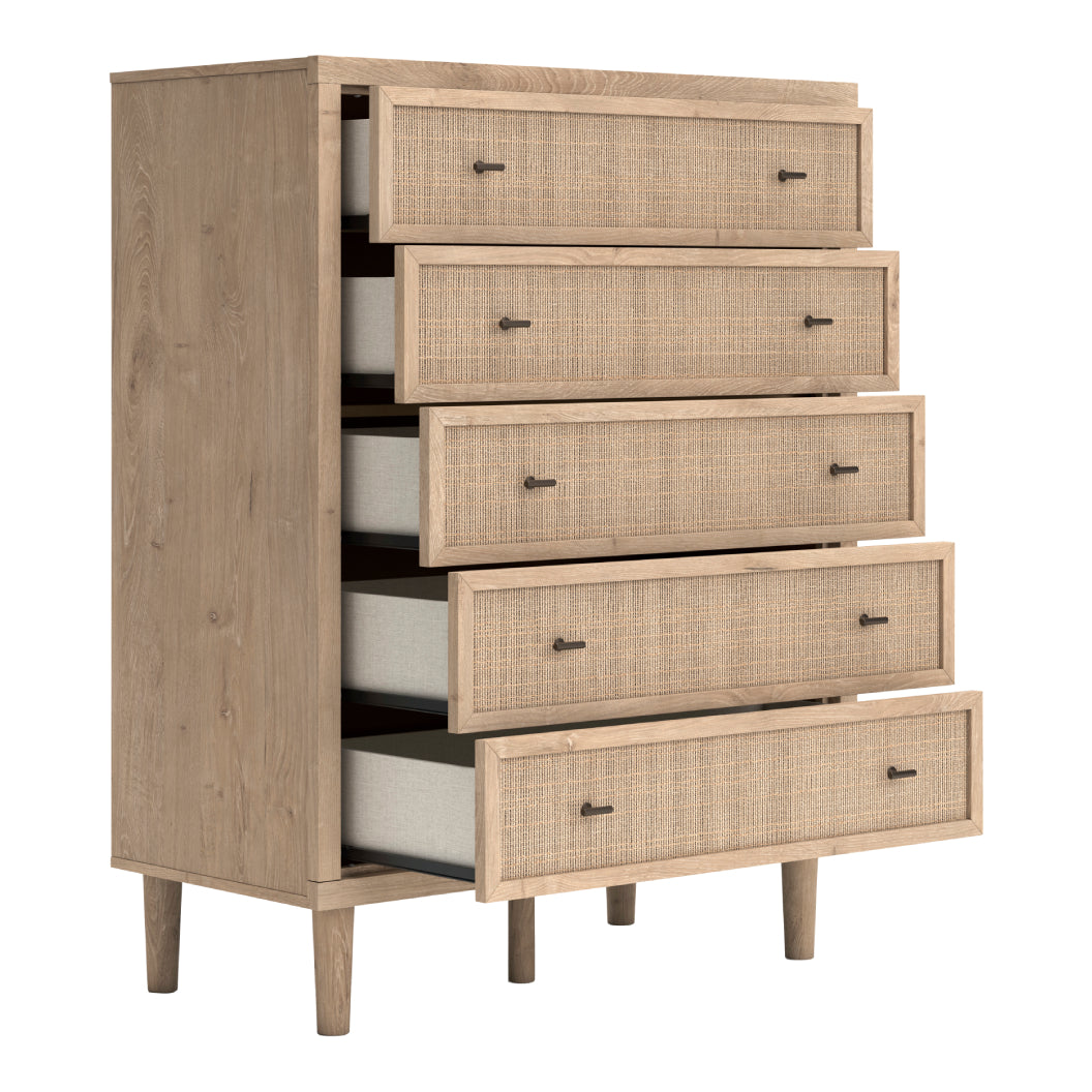 Commode à 5 tiroirs en bois et placage beige