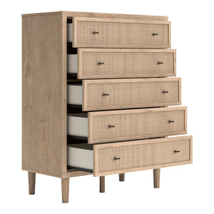 Commode à 5 tiroirs en bois et placage beige