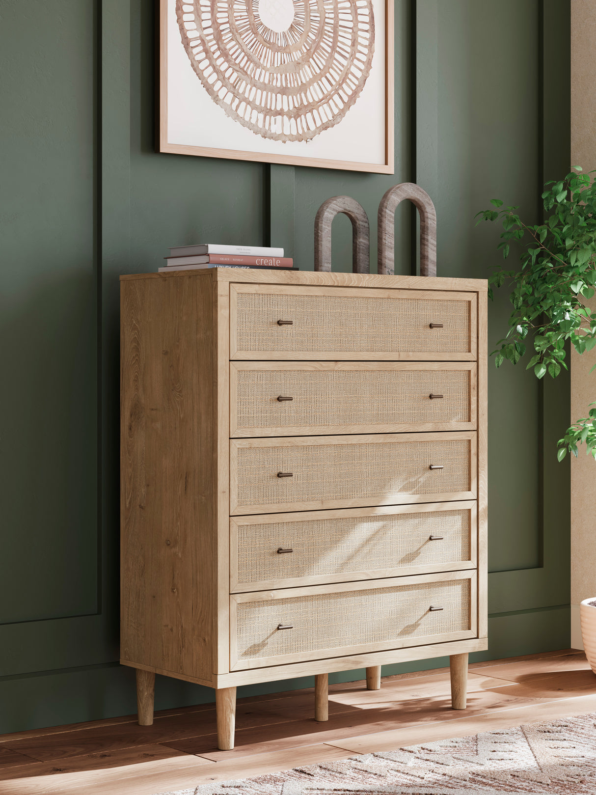 Commode à 5 tiroirs en bois et placage beige