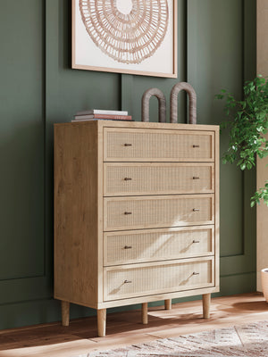 Commode à 5 tiroirs en bois et placage beige